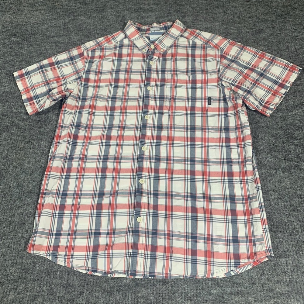 Columbia Shirt Mens Large White Red Plaid Button Down Outdoors Pocket Fishing